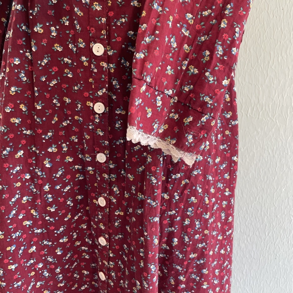 1970s Gunne Sax Prairie Dress Red Calico Floral Long Sleeve Midi Cottage Sz 9/10 - Picture 6 of 11